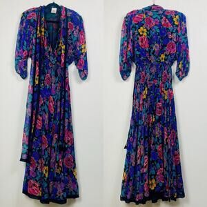 Vintage Diane Freis floral print 100% silk dress ruched waist embellished